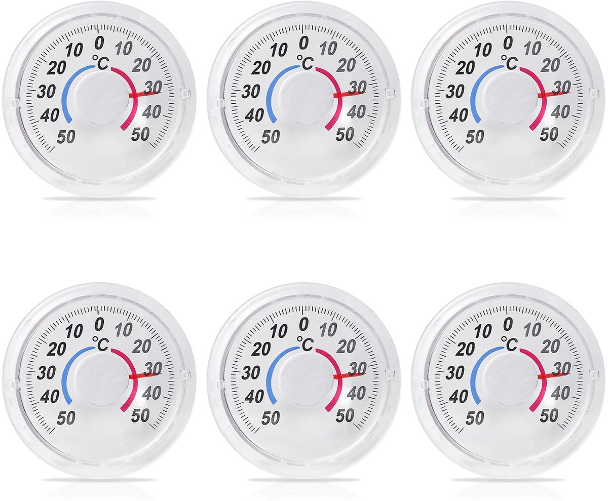 6 stuks zelfklevende analoge raamthermometer, rond, weerbestendig, buitenthermometer, 7,5 x 7,5 cm, transparant, temperatuurweergave, raamthermometer met lijm, tweekleurige schaal