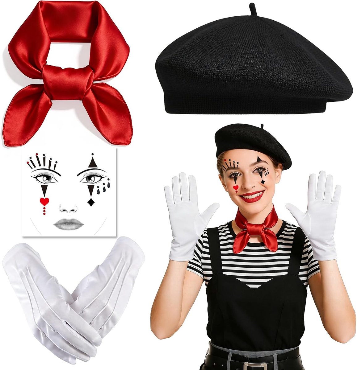 Kostuum voor dames, 4 stuks clownskostuum voor dames, met baret, doeken, gezichtstattoo en handschoenen, carnavalskostuum, set voor Halloween, carnaval, cosplay, party