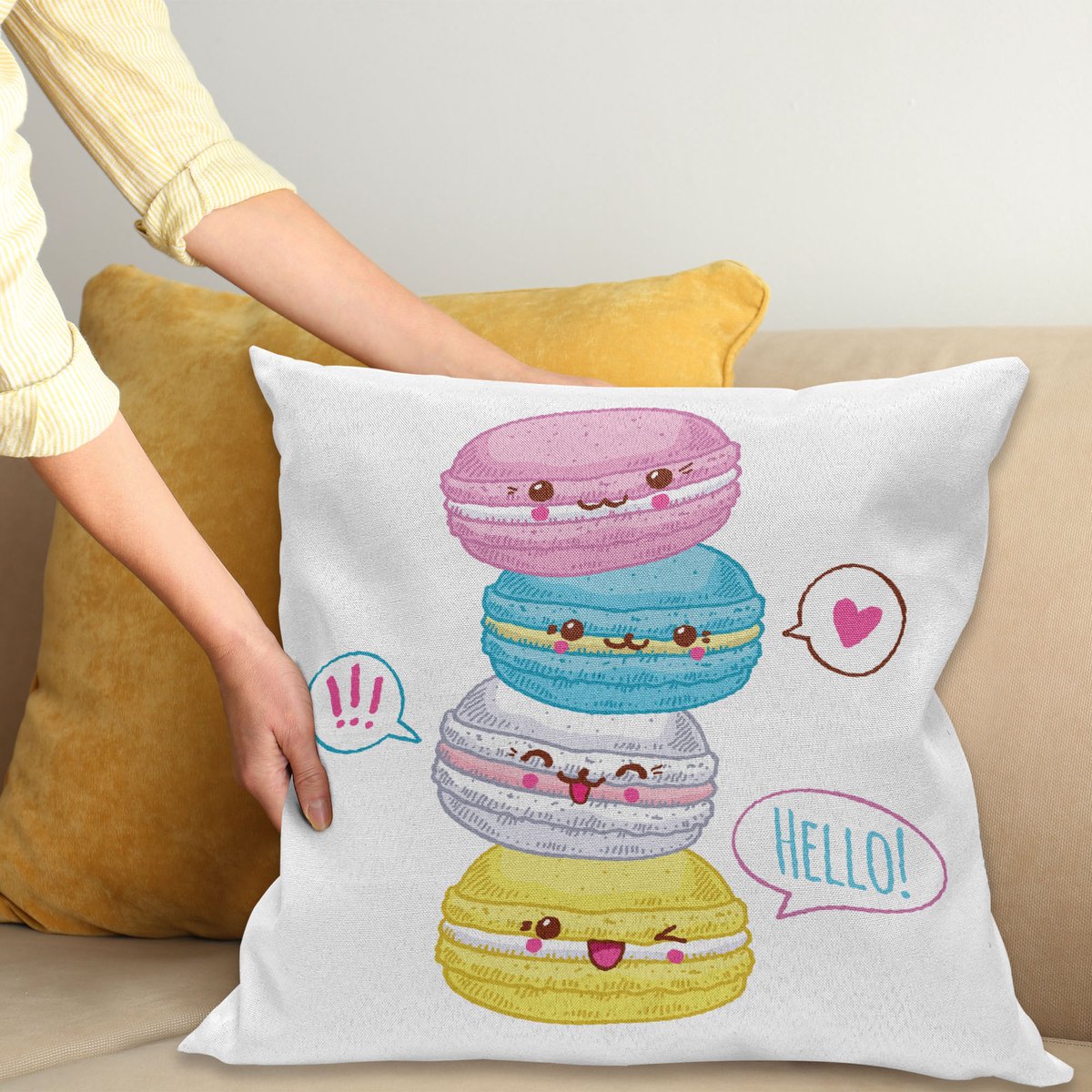 ABAKUHAUS Kawaii Sierkussenhoes, Macaroons Stacked Kleurrijk French Cookies Lovable Grappig Cartoon Characters, Decoratieve Vierkante Sierkussenhoes, 45 x 45 cm, Roze Geel