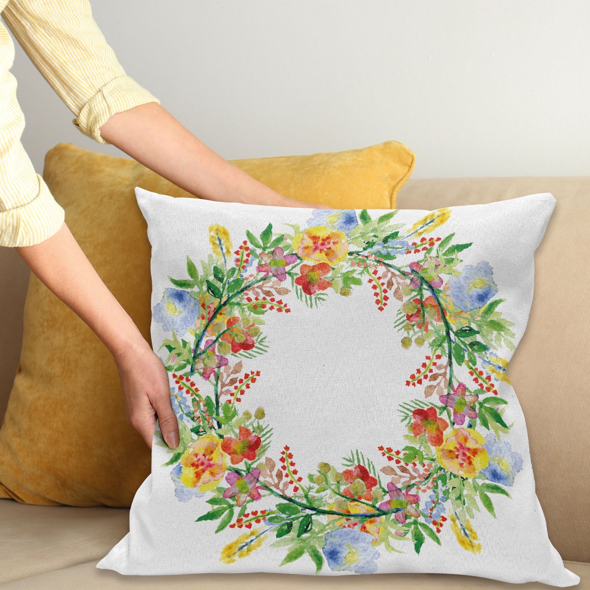 ABAKUHAUS Bloemen Sierkussenhoes, Romantisch Aquarel Effect Bloemen Wreath Ontwerp met Lente Bloemen Arrangement, Decoratieve Vierkante Sierkussenhoes, 60 x 60 cm, Groen Blauw