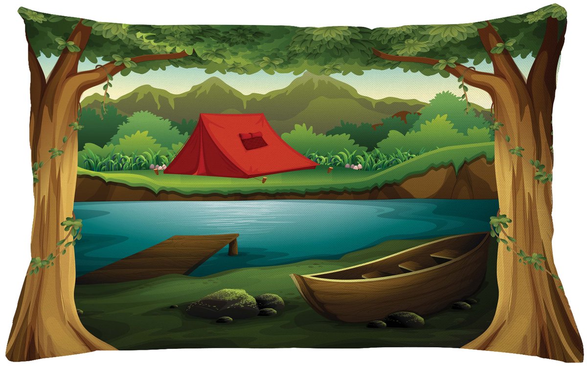 ABAKUHAUS Camping Sierkussenhoes, Idyllic Natuur Scene van een Deep Bos met Meer en Bergen Cartoon Bos, Decoratieve Rechthoekige Sierkussenhoes, 65 x 40 cm, Bruin Groen