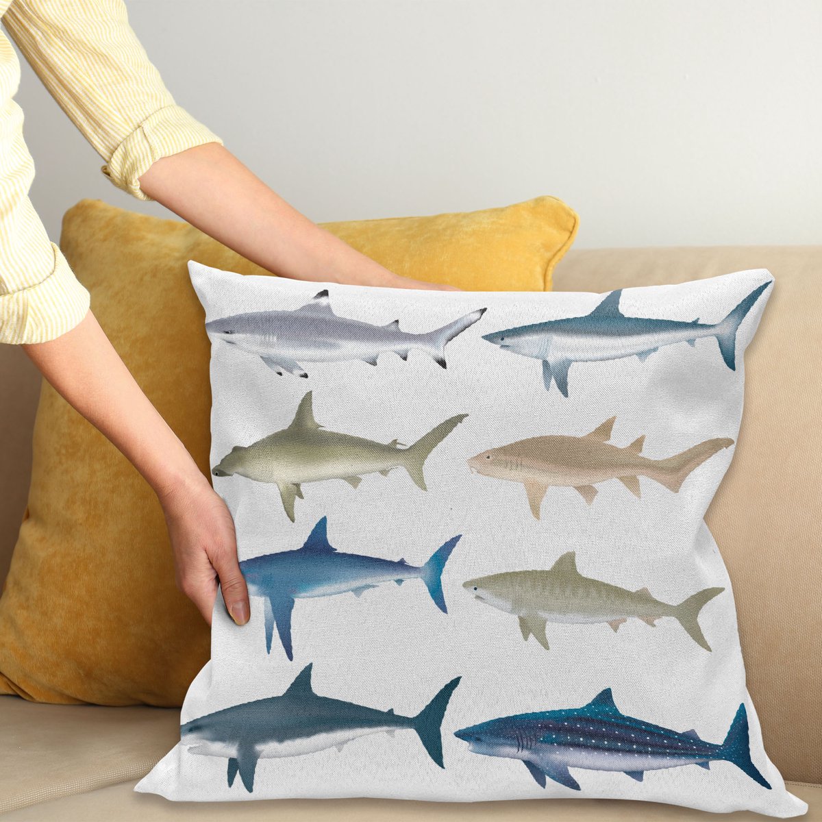 ABAKUHAUS Haai Sierkussenhoes, Types van Angel Cow Hammerhead Zand Sharks Mammals Species Natuurlijk Nautisch Grafisch, Decoratieve Vierkante Sierkussenhoes, 50 x 50 cm, Blauw Grijs