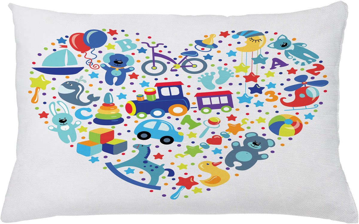 ABAKUHAUS Hart Sierkussenhoes, Hart Shaped Collage van Toys voor Boy Train en Alphabet Fun, Decoratieve Vierkante Sierkussenhoes, 65 x 40 cm, Blauw Grijs