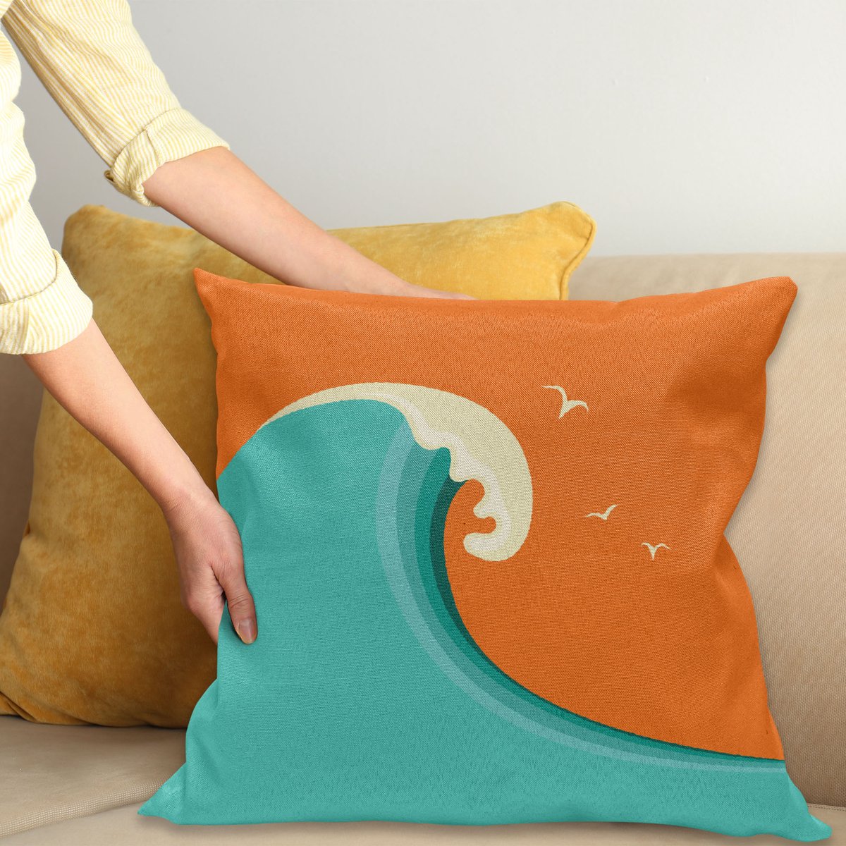 ABAKUHAUS Surf Sierkussenhoes, Giant Wave met Seagull Silhouetten op een Warm Gekleurd Achtergrond Cartoon, Decoratieve Vierkante Sierkussenhoes, 50 x 50 cm, Turquoise Oranje