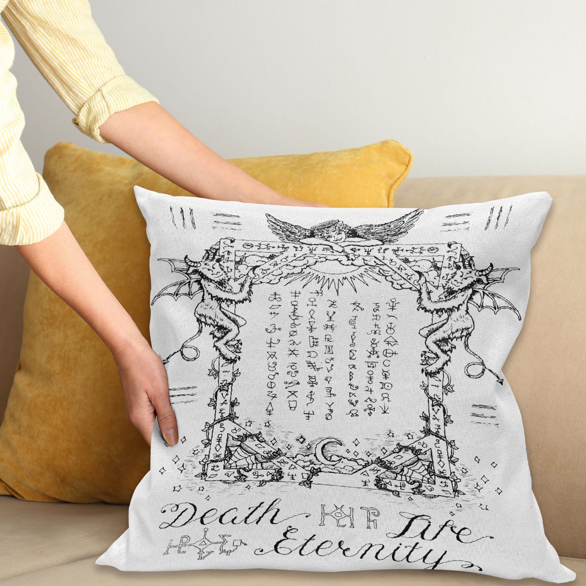 ABAKUHAUS Boheems Sierkussenhoes, Gothic Medieval Magic en Spell Eternal Leven Chart Thema Kunst Sketchy Drawing, Decoratieve Vierkante Sierkussenhoes, 65 x 65 cm, Wit en Zwart