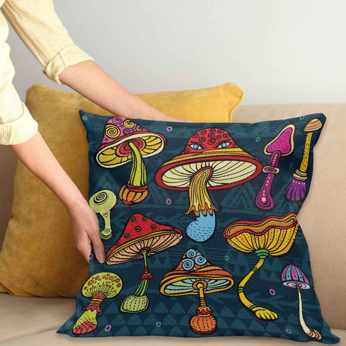 ABAKUHAUS Mushroom Sierkussenhoes, Mushrooms Ornate Doodles met Wervelingen Eyes Psychedelic Botany en Growth, Decoratieve Vierkante Sierkussenhoes, 60 x 60 cm, Donker Teal