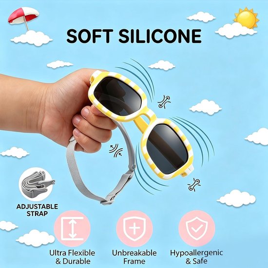 Zonnebril voor baby's, gepolariseerd, met riem, gepolariseerd met UV400-bescherming, verstelbaar silicone, zacht vierkant montuur en uv-bescherming, voor peuters van 0-2 jaar, jongens en — afbeelding 4