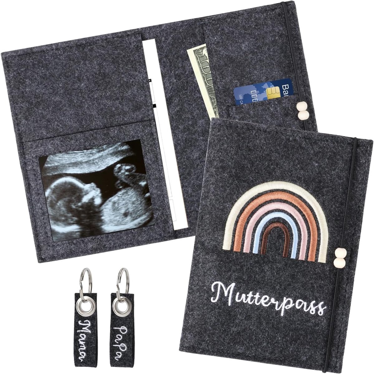 Moederpaspoorthoes van vilt met vakken, echografie, vaccinatiepaspoort en verzekeringsketen veilig bewaren, perfect voor zwangere vrouwen en moeders, schattig cadeau (grijs)