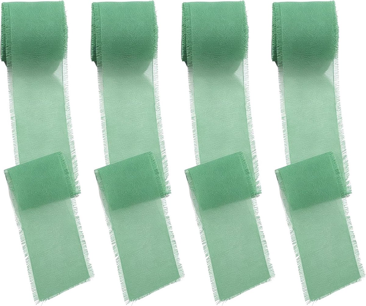 Set van 4 chiffonlint, eucalyptusgroen, 4 cm x 5 m, cadeaulint en tule voor bruiloft, verpakking, decoratie, bias en doe-het-zelfprojecten, elegante bolduc en gouden lint voor feestjes