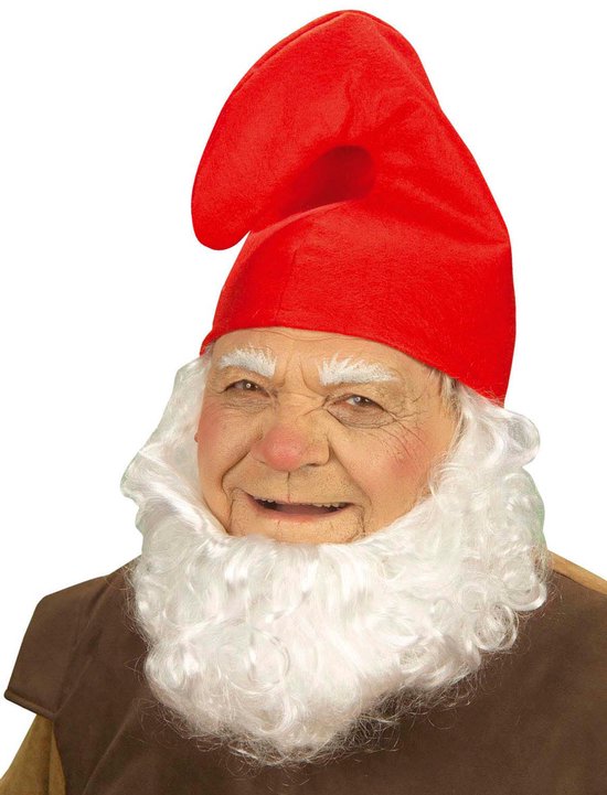 Een man met een witte baard en snor draagt een puntige rode kaboutermuts.
