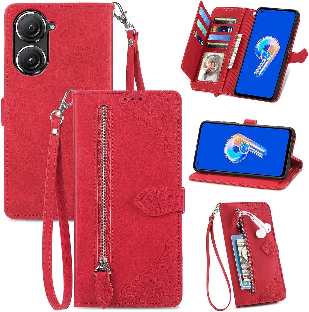 Hoesje voor ASUS Zenfone 10 / 10Z /9 5G / 9z, PU portemonnee flip magnetische sluiting lederen hoes [schokbestendig TPU] [Standfunctie] [Polsband] Case voor ASUS Zenfone 10Z - rood