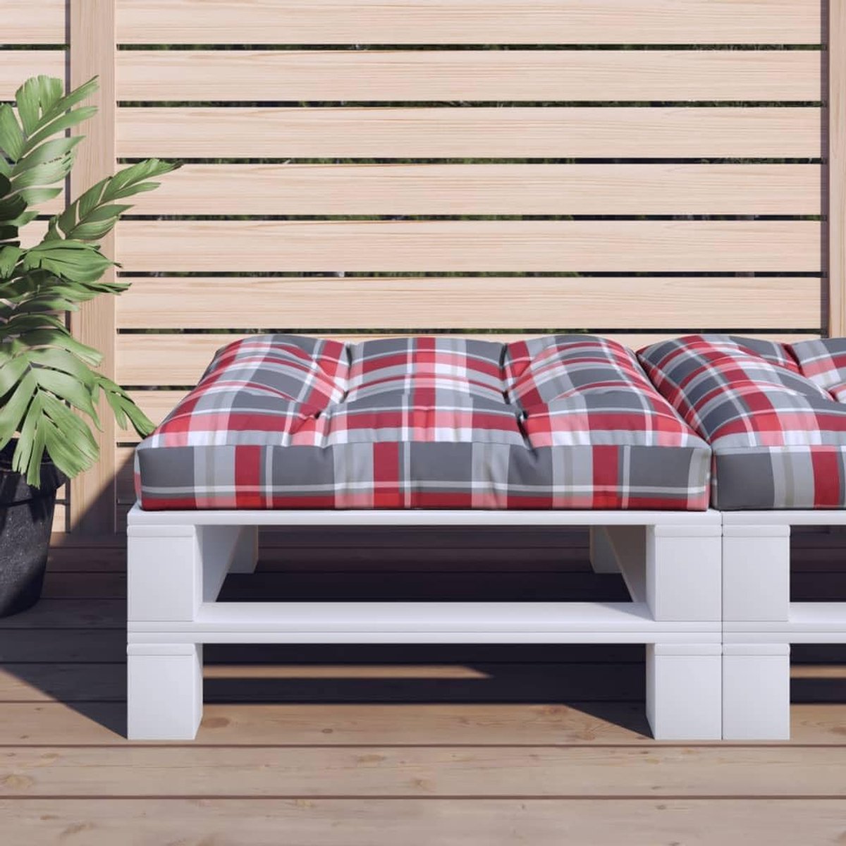 Decoratieve kussenovertrek, set van 4 outdoor palletkussens, rood ruitpatroon, 80 x 80 x 12 cm, van duurzaam polyesterweefsel met zachte holle vezelvulling voor tuinmeubelen