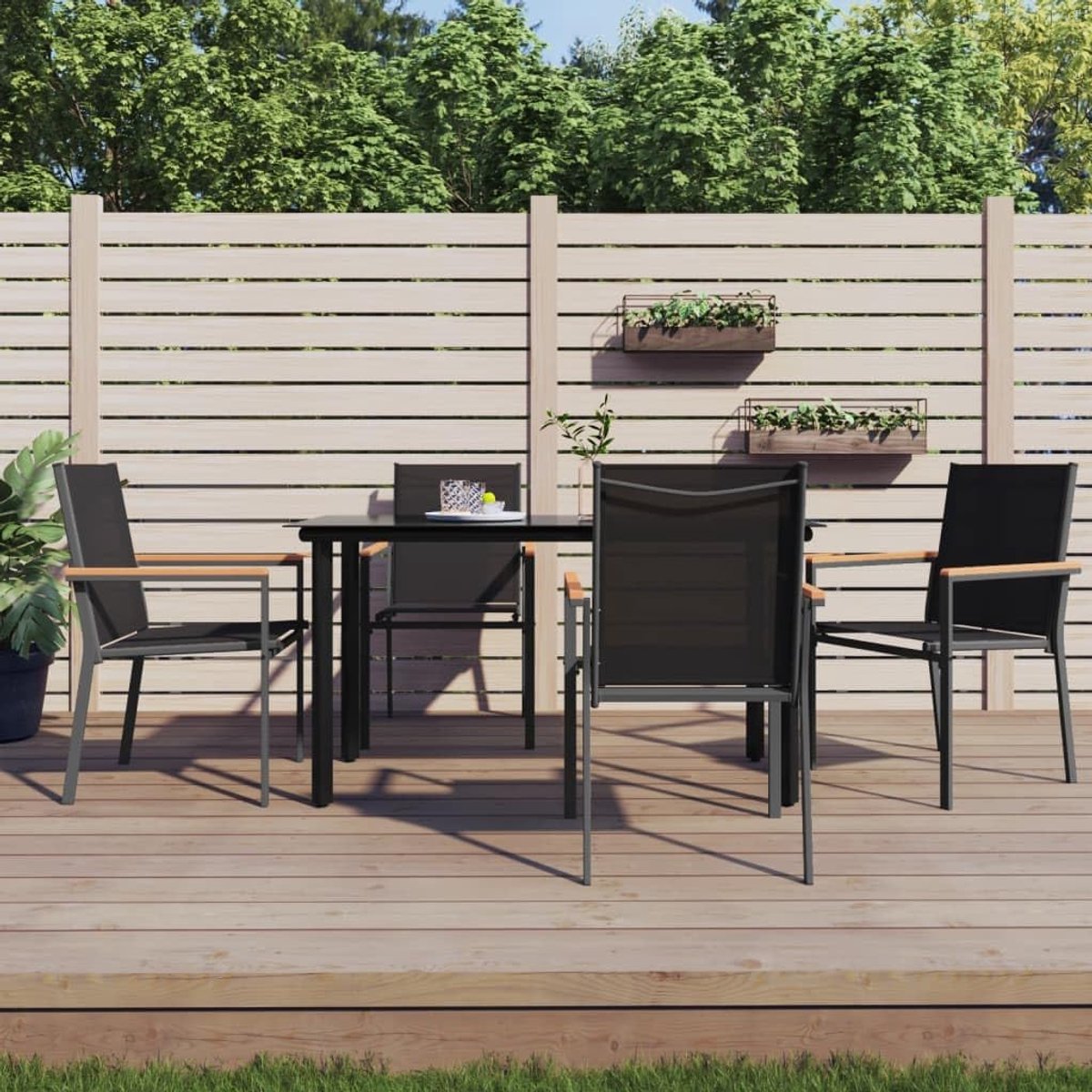 Tuinstoelen 4 stuks, zwart, stalen frame 55 x 61,5 x 90 cm, met rugleuning en armleuningen, belastbaar tot 110 kg per zitting