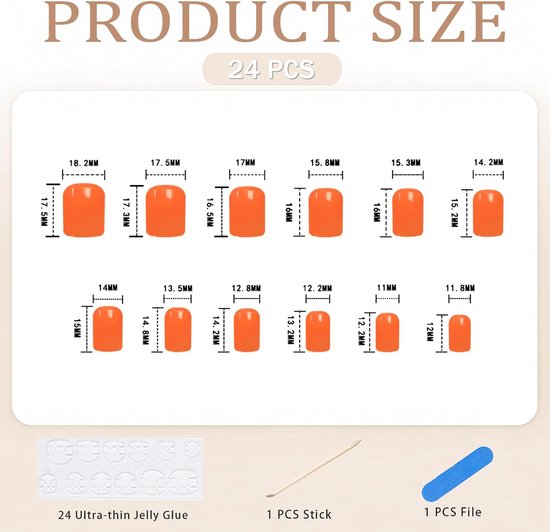 24 stuks Press On Nails Korte Vierkant Oranje, Complete Set met Gel-Lijm, Nagelvijl en Houten Stokje — afbeelding 2