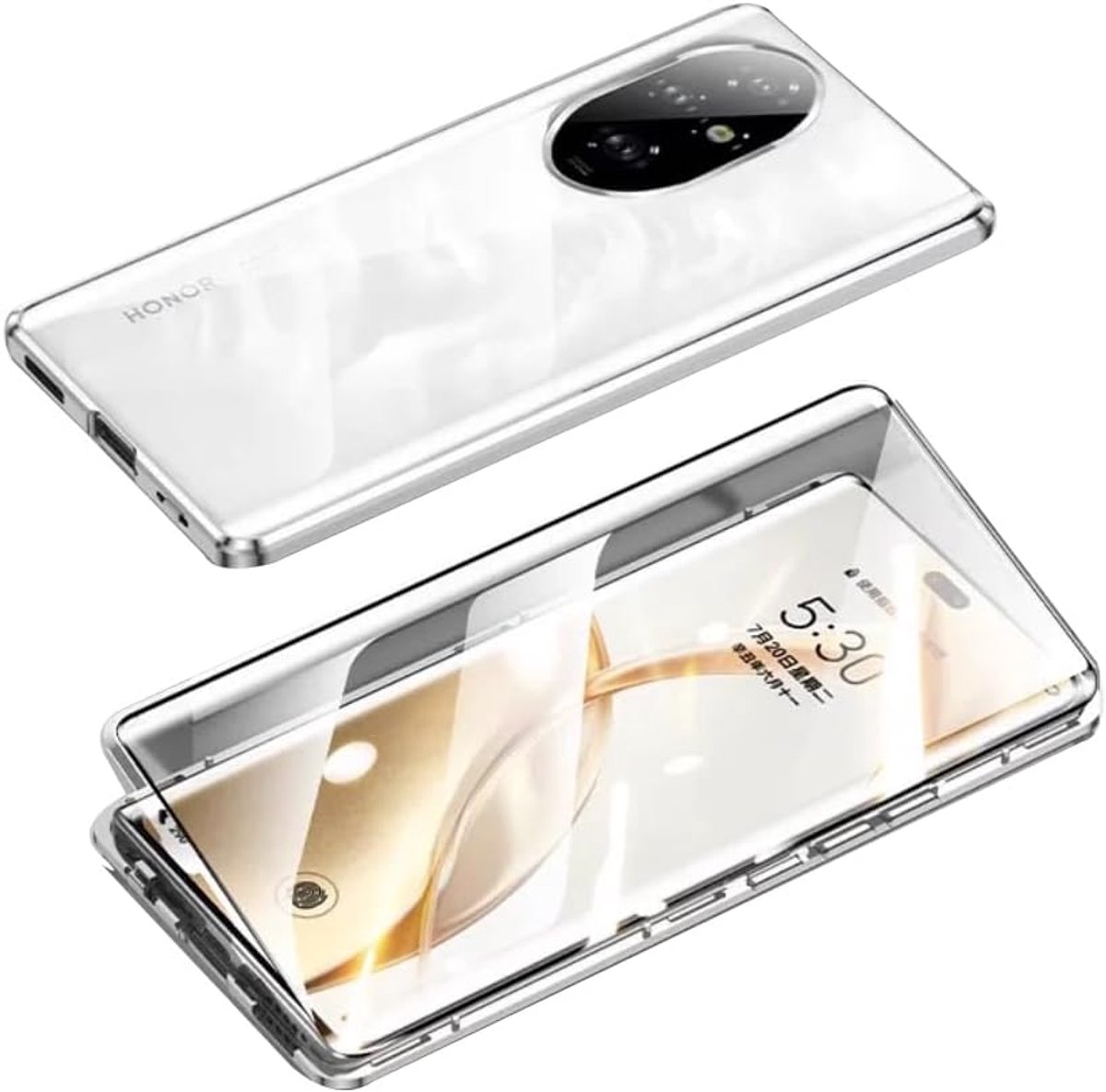 Hoesje voor Honor 200 - Magnetische adsorptie Telefoonhoes, 360° Bescherming Aluminium Frame met Gehard Glas, Sterke Magneten Schokbestendig Metalen Flip Case Cover - Zilver.