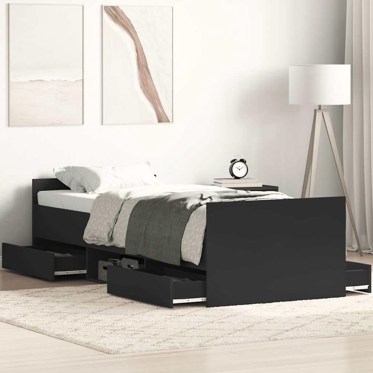 Bewerkt hout met lades en schappen standaard model zwart 90x200 cm