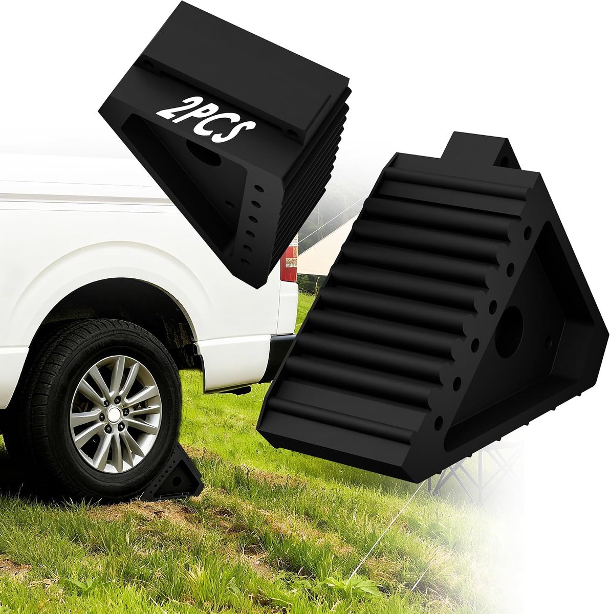 Set van 2 rubberen wielwiggen, onderlegwiggen, auto, 20 x 10 x 15 cm (per), met handvat, woning, wielstopper, remwiggen, wielmat voor auto, camper, aanhanger (zwart)