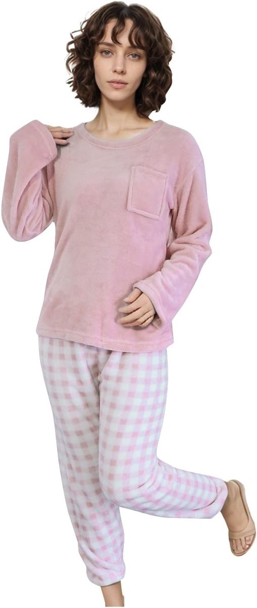 2-delige pyjamaset voor dames in de herfst en winter, effen, bovendeel met lange mouwen en ronde hals, zak en broek met ruitpatroon, casual, losse flanellen pyjamaset