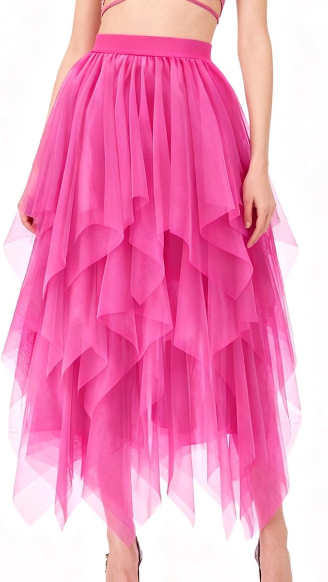 Rok voor dames, A-lijn, hoge getailleerde rok, High Low Layered Puffy rok, elegante onregelmatige tule rok, lange zomerrok, meerlaagse mesh-rok voor eindexamenbal, carnaval