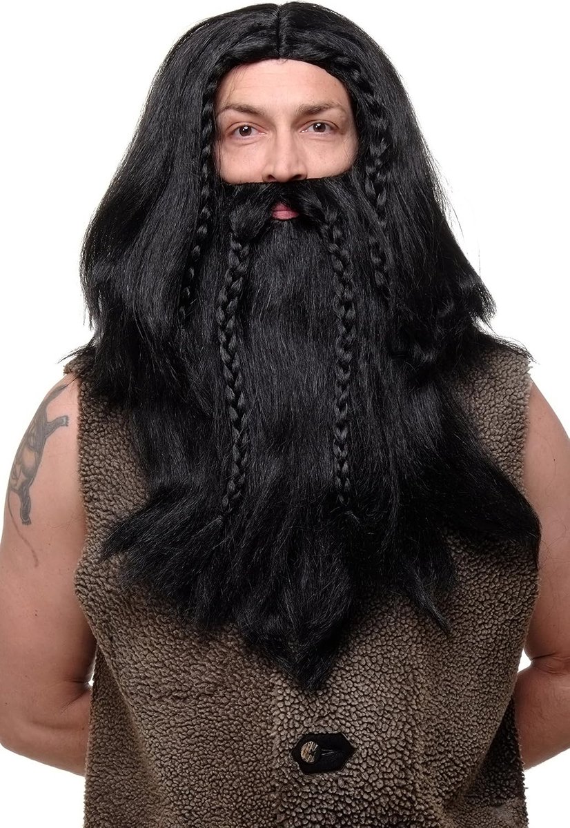 & Baard Herenpruik Carnaval Mardi Gras Viking Barbaar Dwerg Germaans Zwart Lang Gevlochten RJ033-P103