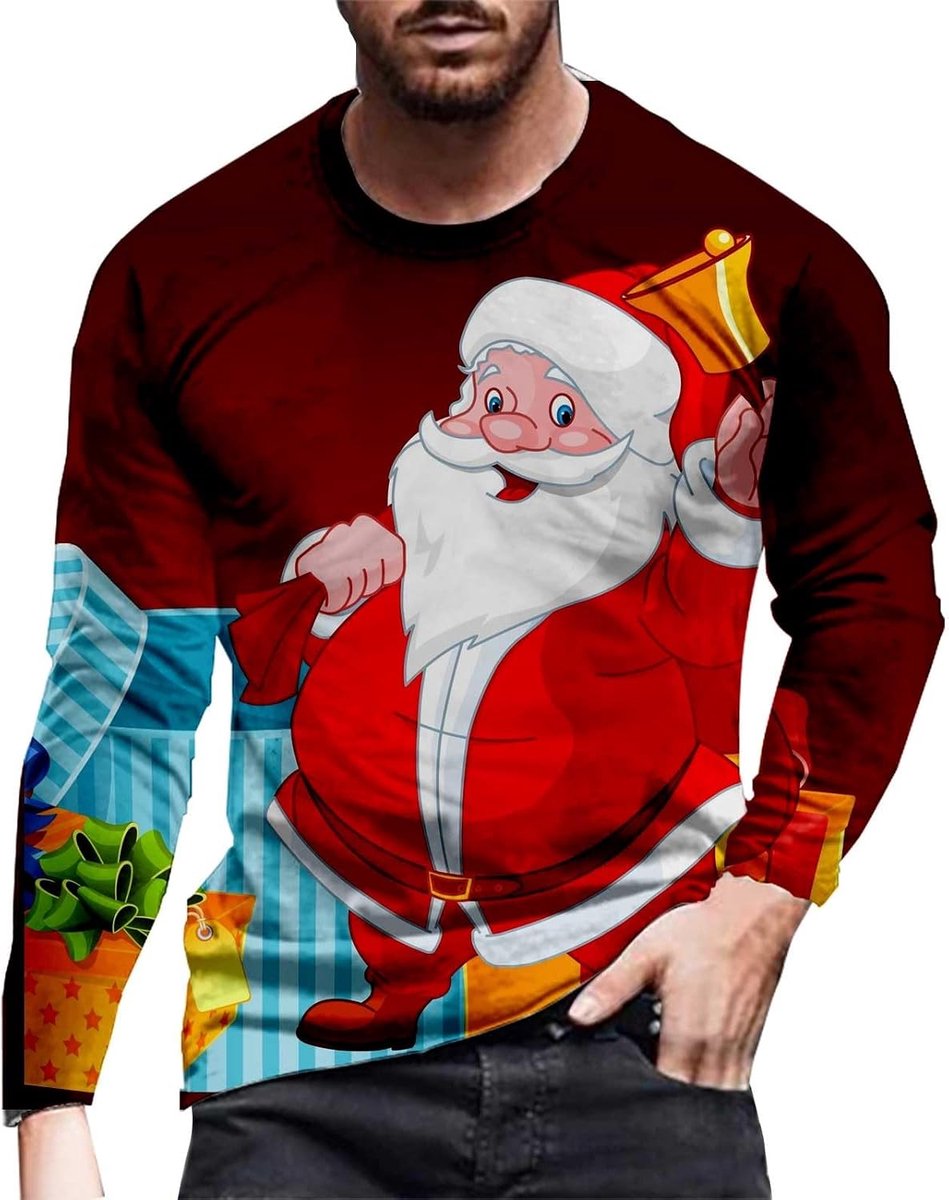Kerstshirt voor heren, lange mouwen, ronde hals, feestelijke print met dennenboom, kerstman, sneeuwpop, comfortabel thermo-onderhemd voor de winter, cadeau-idee voor mannen