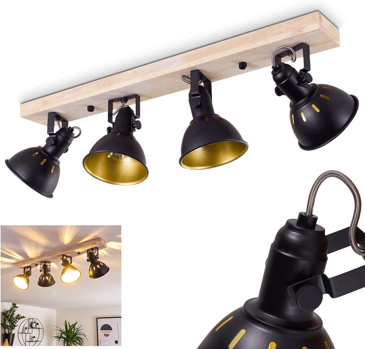 Plafondlamp Tina, 4-lichts plafondlamp van metaal in zwart-goud en hout, retro plafondlamp, 4 x E14, de lampkoppen kunnen gedraaid en gezwenkt worden,zonder lampen