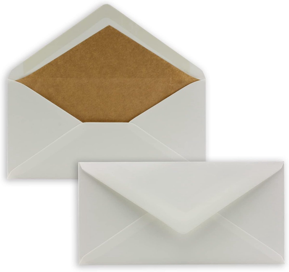 25 stuks, DIN lang, naturel wit gevoerd, natte lijm, 11 x 22 cm, 90 g/m², puntige klep met zijden voering, bruin kraftpapier, gerecycled papier, van