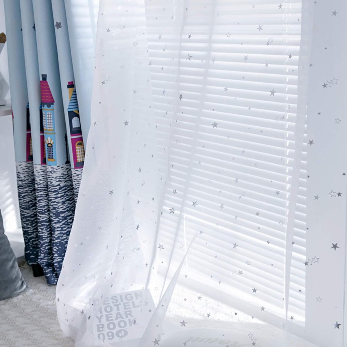 Gordijnen Voor Kinderkamer, Balkon Semi-verduisterende Gordijnen Zeilen Sheer Gordijnen Panelen Licht Filtering Gordijnen Wit, Haken Top-Witte sterren 500x270cm (197x106inch) 1st