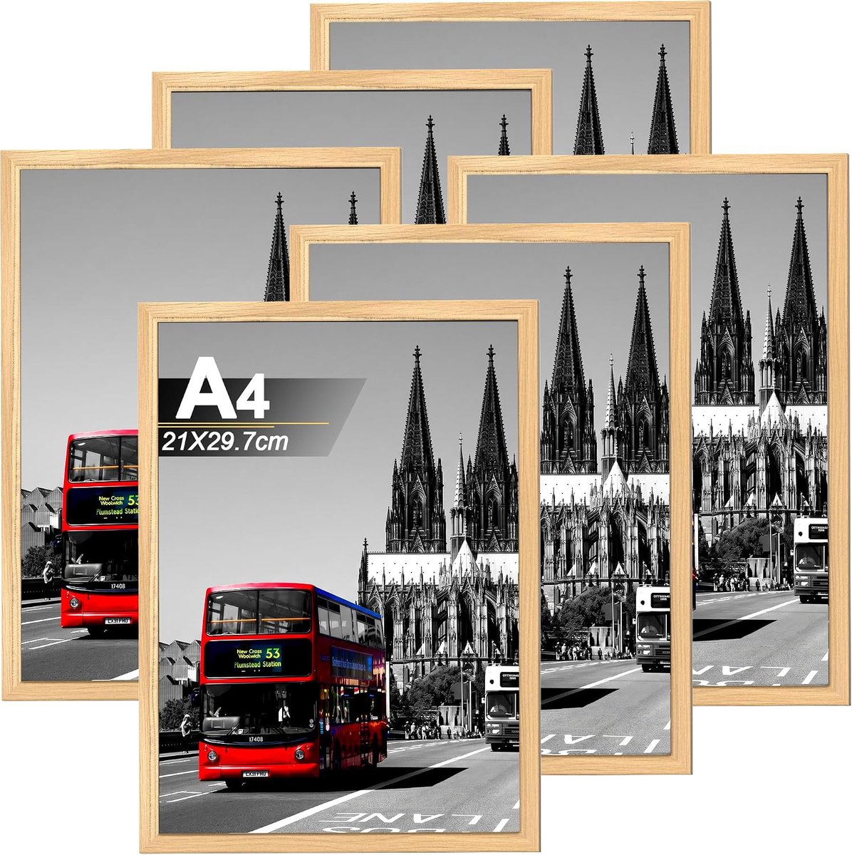 Lijsten in houtkleuren, DIN A4, houten lijst met acrylplaat, fotolijst voor kindertekeningen, A4, voor foto's, afbeeldingen en posters, 21 x 29,7 cm, 6 stuks