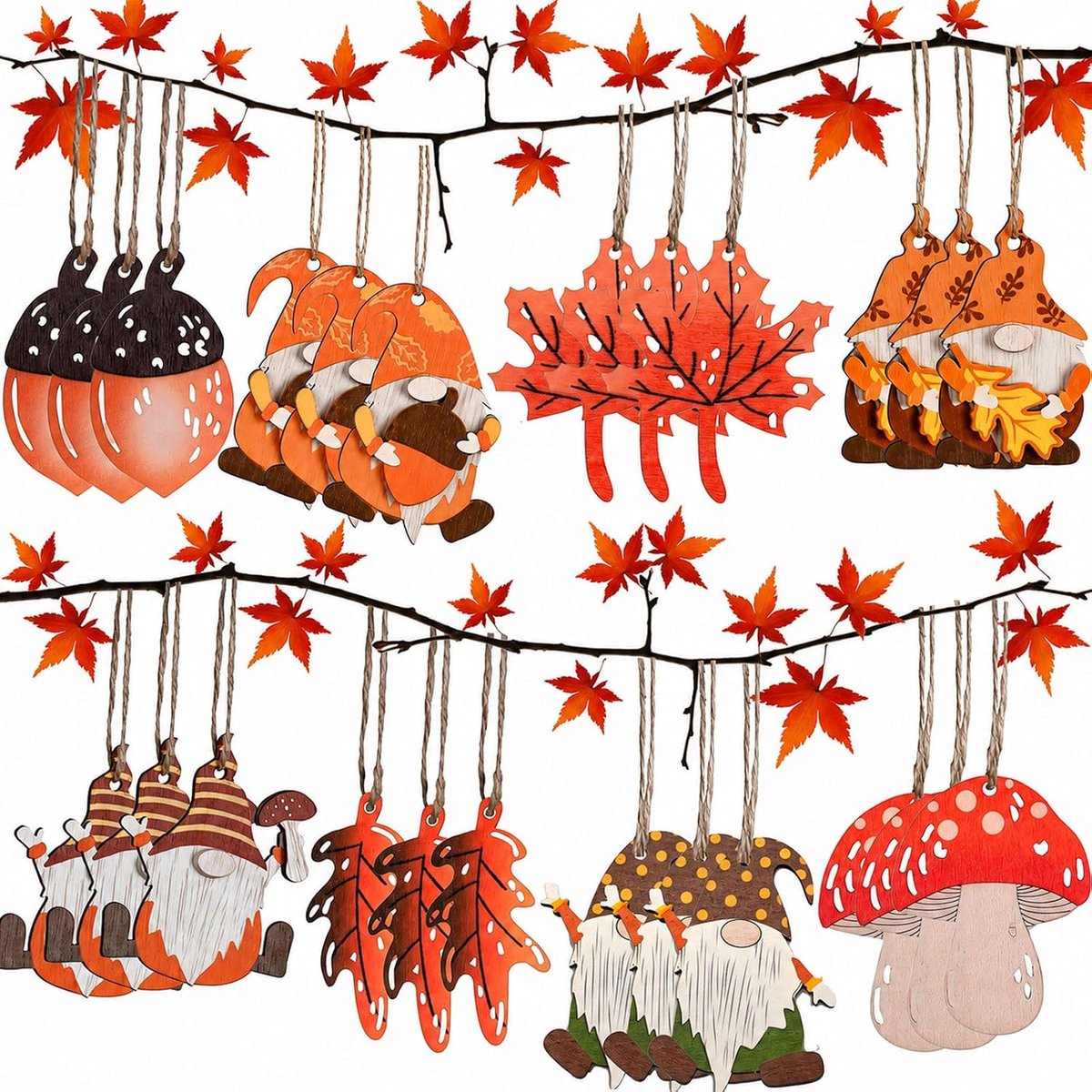 24 stuks houten herfst decoratie hangers, herfstdecoratie om op te hangen met bosgnomen, paddenstoelen en esdoornbladeren voor ramen, muren en oogstfeest decoratie