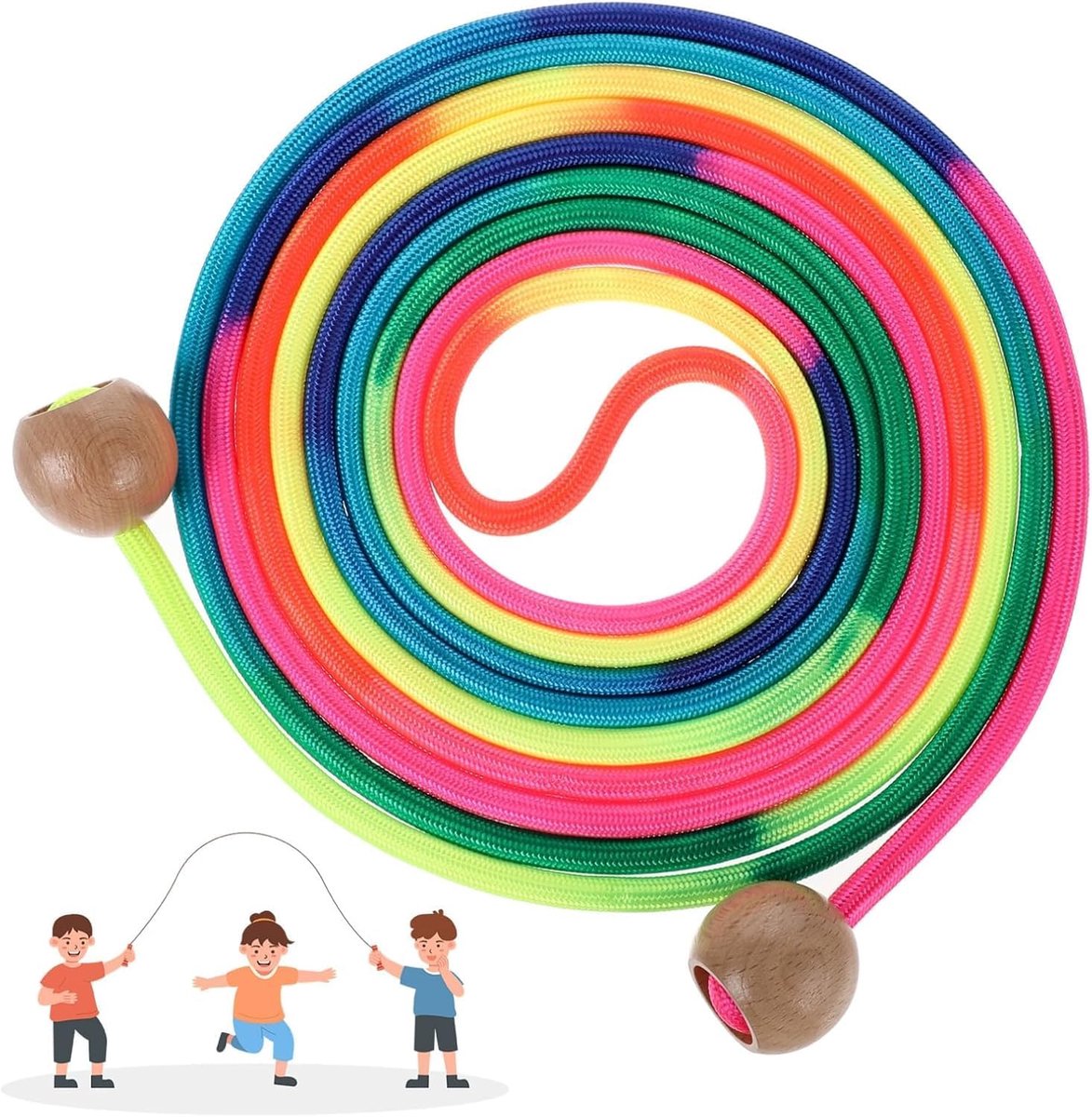 Verstelbaar regenboog springtouw van 5 meter met houten handgrepen voor kinderen en volwassenen, geschikt voor school, sport en buiten spelen