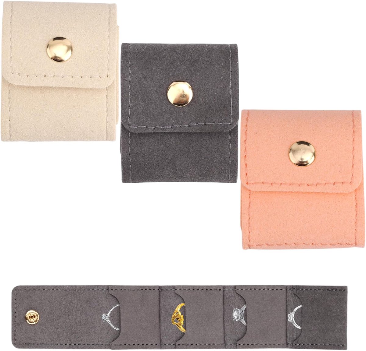3st Mini Reistassen voor Sieraden, Draagbare en Opvouwbare Kleine Sieradenhouder met 12st Stofzakken met Gespontwerp voor Vrouwen Oorbellen Ringen Kettingen Organizer Benodigdheden
