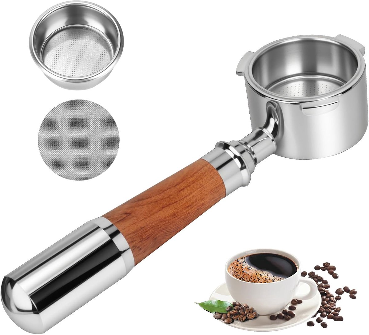 Bodemloze zeefhouder 51 mm, compatibel met DeLonghi Dedica EC680/EC685/EC885/EC890, 3-Ears 3-Ears roestvrijstalen zeefhouder met houten handvat en filter