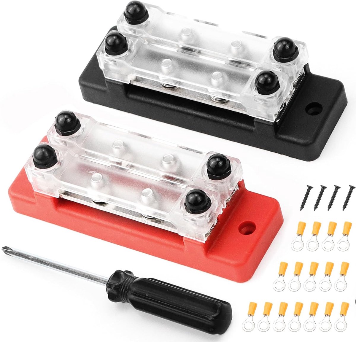 Stroomverdeler verzamelrailblok, 12V-48V DC, 250A, 4 M8 klembouten, 2 stuks, zwart-rood (B-zwart en rood)