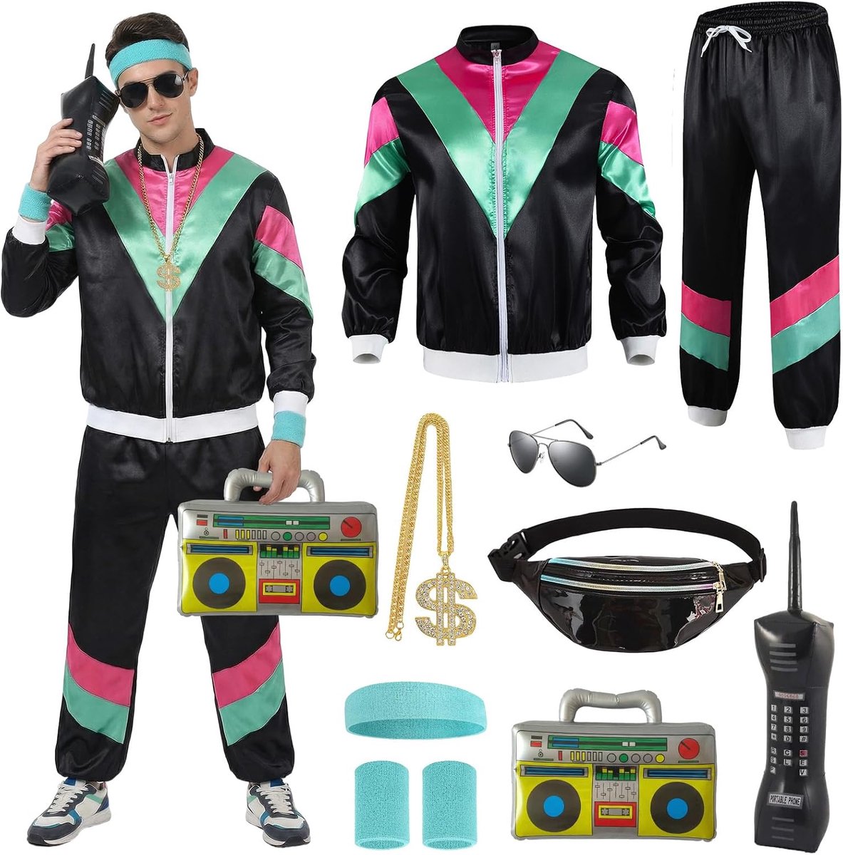 Jaren 90 en 80 outfit voor heren en dames, met accessoires, jaren 80 trainingspak met buiktas, hoofdband, opblaasbare radio, zonnebril, halsketting, jaarkostuum voor carnaval en feest