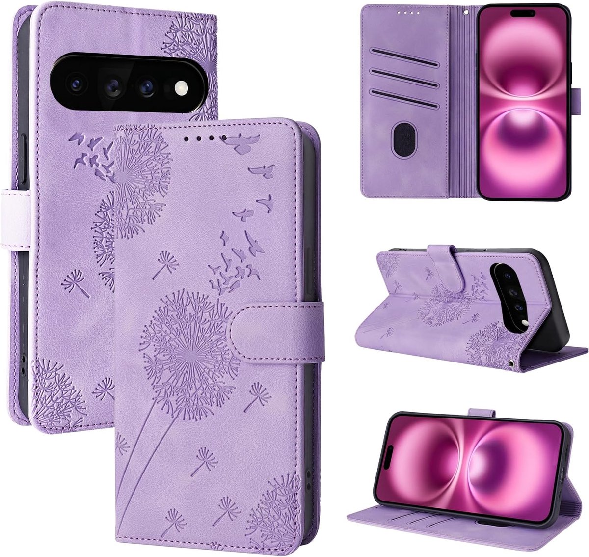 Hoes voor mobiele telefoon voor 5G 6,3 inch, paardenbloem, PU-leer, flip case, portefeuille, tas, hoes, magnetische telefoonhoes voor 5G 6,3 inch, paars