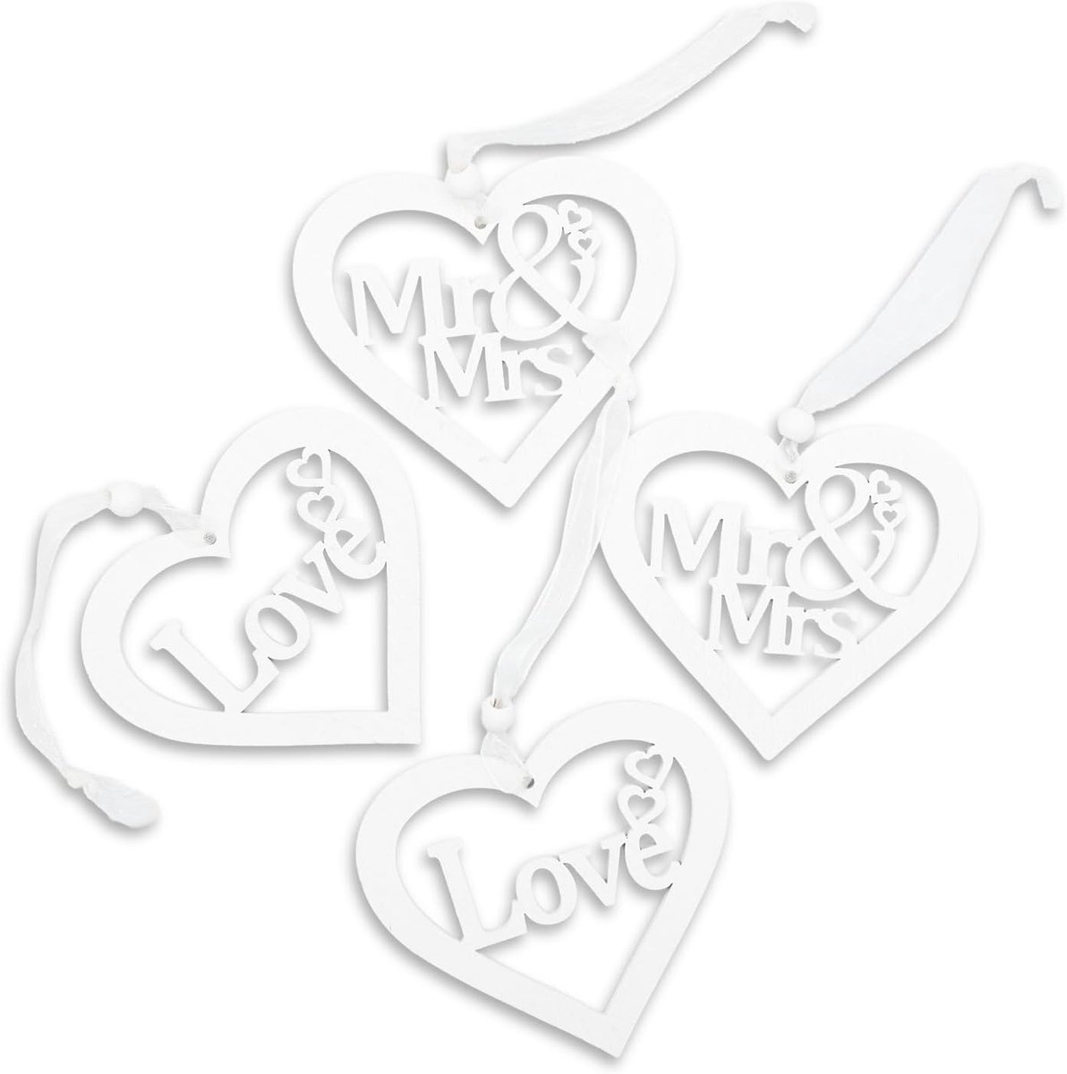 Houten hartvormige hangers, set van 4, wit, Ø 8 cm, belettering Love, filigraan, bruiloftsdecoratie om op te hangen, tafeldecoratie, gastgeschenk, verloving, jubileum