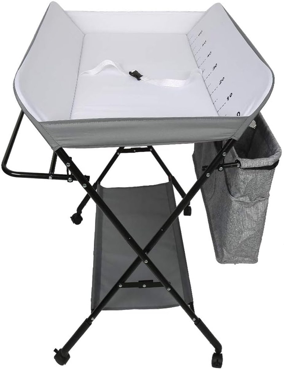 Luiertafel met opbergmand aan de zijkant, structuur van ijzer, maximale belasting 25 kg, voor pasgeborenen, ergonomisch design, opvouwbare en draagbare commode (80 x 63 x 93 - 99 cm, wit)