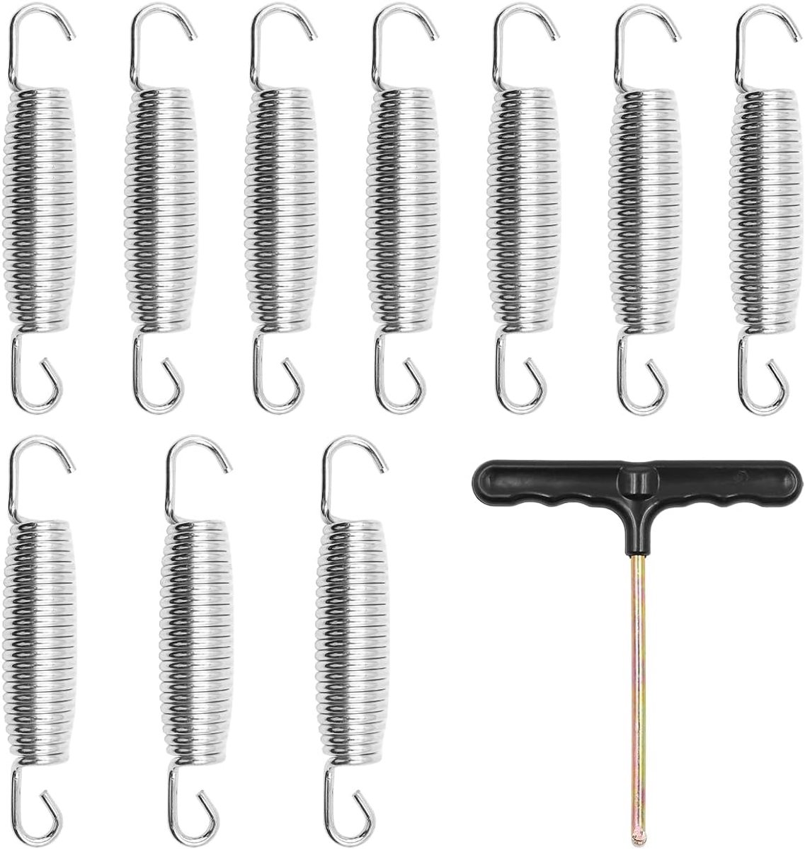Pakket van 10 stuks 12 cm veren met T-haak voor trampoline dubbele haak, zware veren, roestbestendig verzinkt staal, trampoline-onderdelen, eenvoudige installatie, vervanging, geschikt