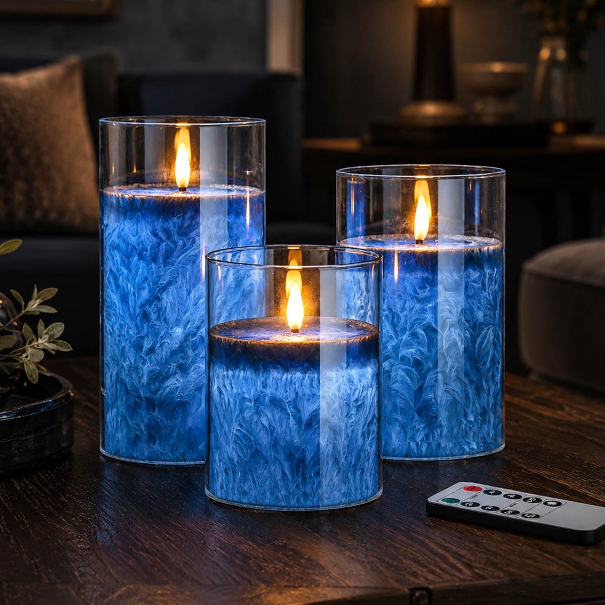 Flikkerende vlam, led-kaarsen met timerfunctie in glas, elektrische kaarsen van echte was met afstandsbediening, 3-delige vlamloze ledkaarsen voor decoratie, slaapkamer, (Blauw)