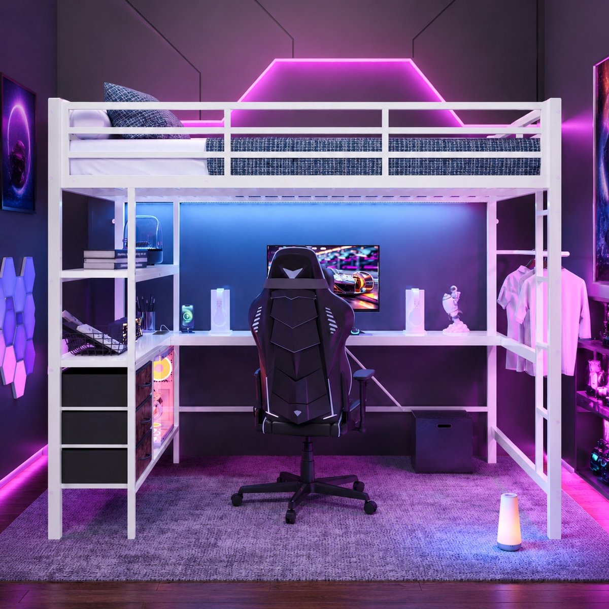 WUVRIE Hoogslaper 140x200 cm met bureau, LED-verlichting, USB, stopcontact, 3 lades en trap, wit