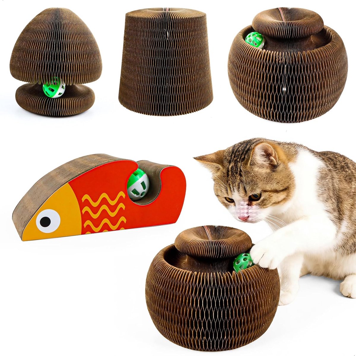 Krabpaal voor katten, interactief speelgoed voor katten, krabpaal van karton, magische krabpaal voor katten, draaibare krabpaal 2-in-1 met bel