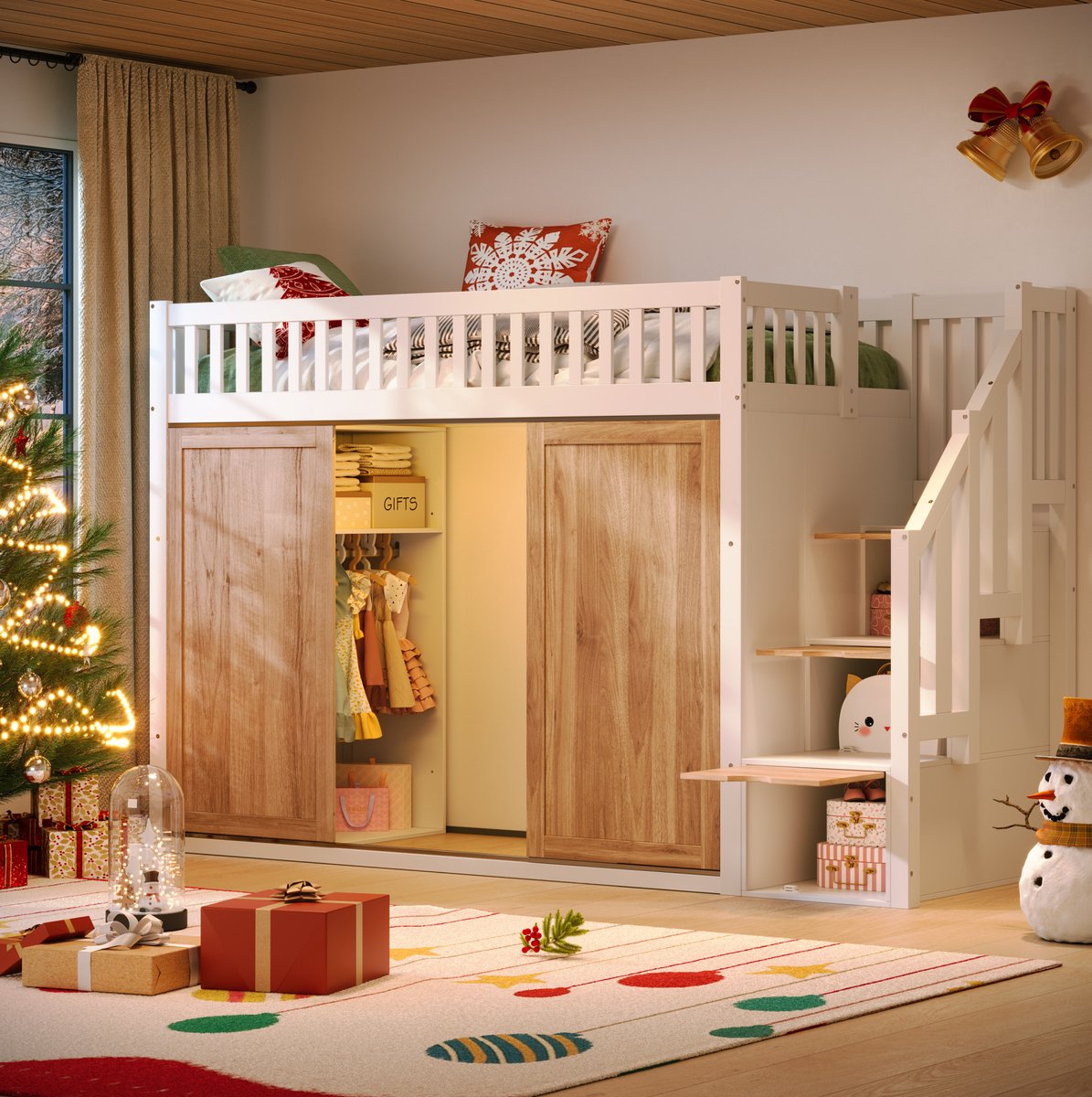 WUVRIE Hoogslaper 90x200 cm met kledingkast, trapkast en appgestuurde lichtstrip, wit/eiken Wit en eikenkleur
