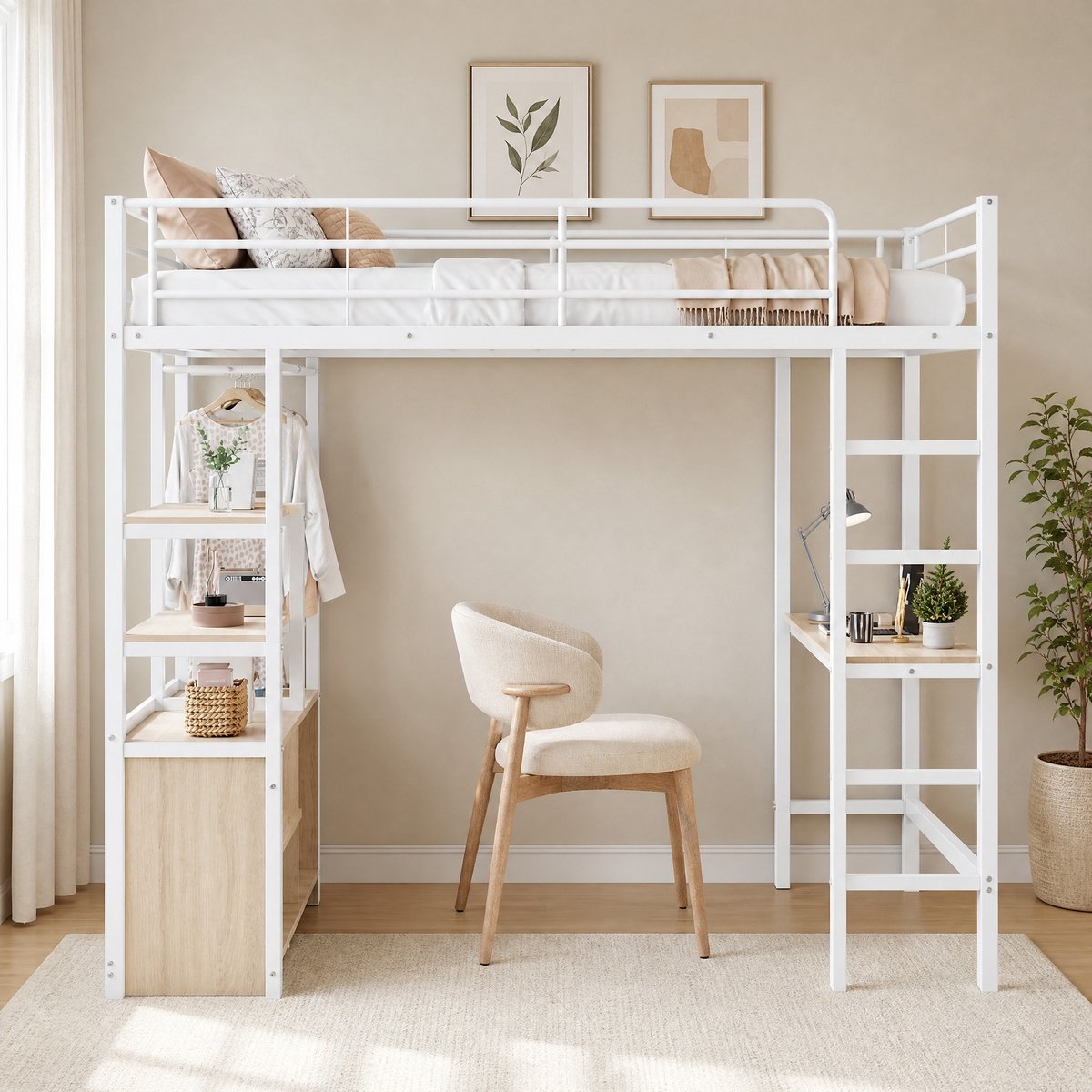 WUVRIE Hoogslaper 90x200 cm met bureau, USB, stopcontact, opbergruimte en ladder, wit