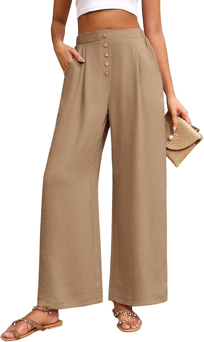 heekpek Dames wijde pijpen broek dames lichtgewicht lounge broek knoop hoge taille zomer palazzo broek elastische taille casual broek met zakken