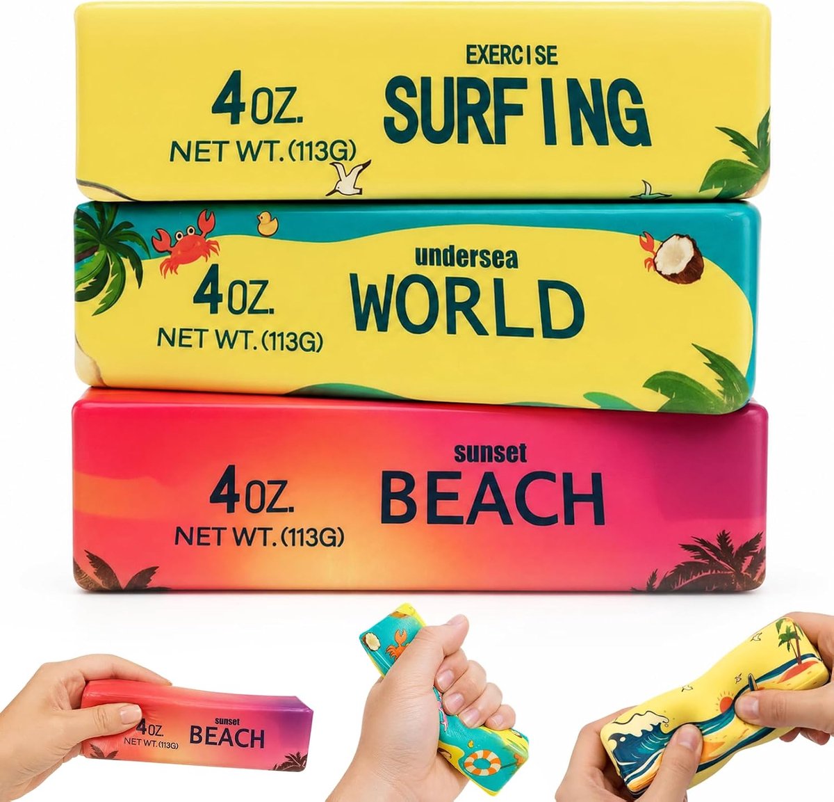Squishy Hawaii, 3 stuks Butterstick-knijpspeelgoed