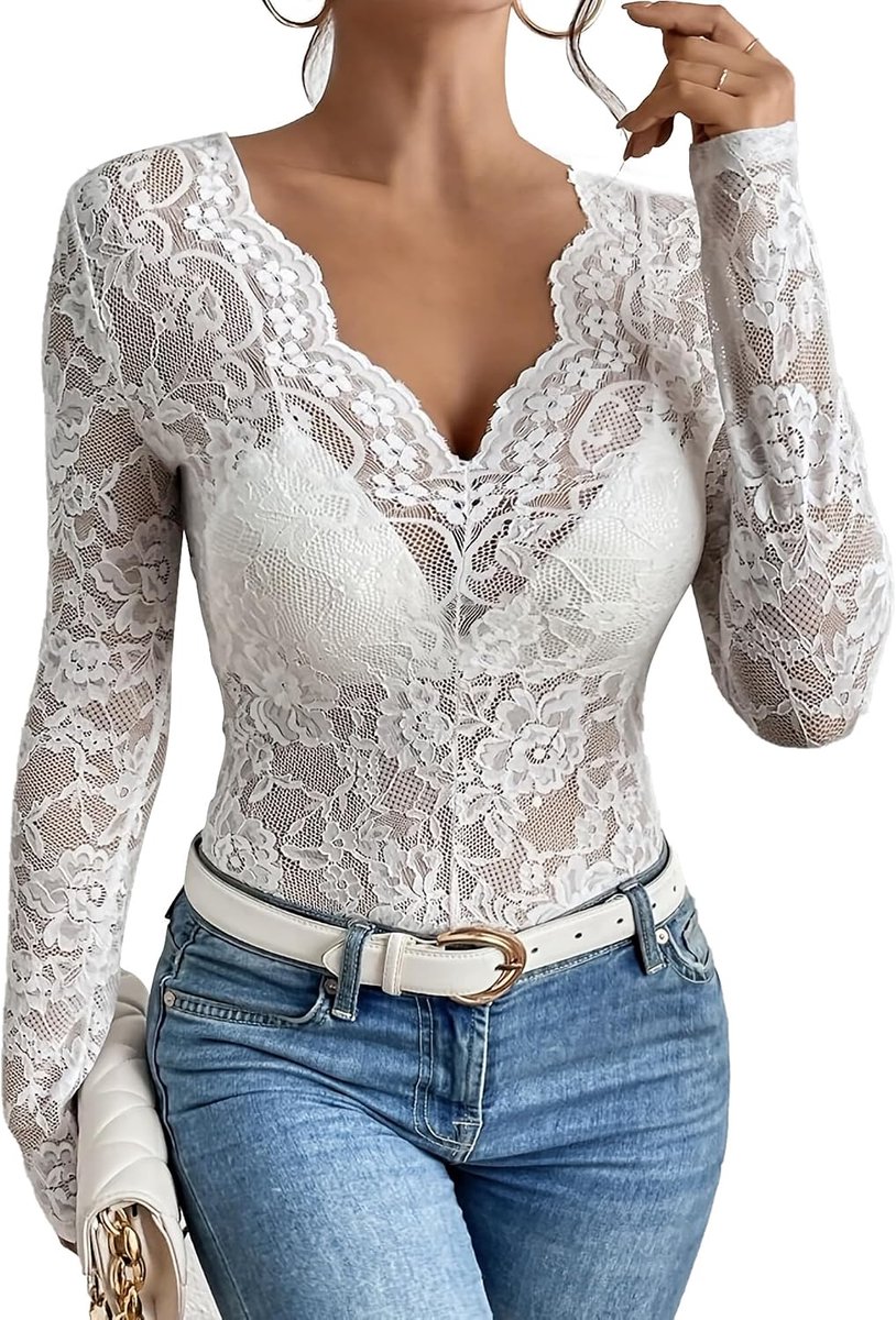 Sexy damestops van mesh met kant, slim clubwear T-shirts, V-hals, lage hals, Y2K bloemenblouse met lange mouwen