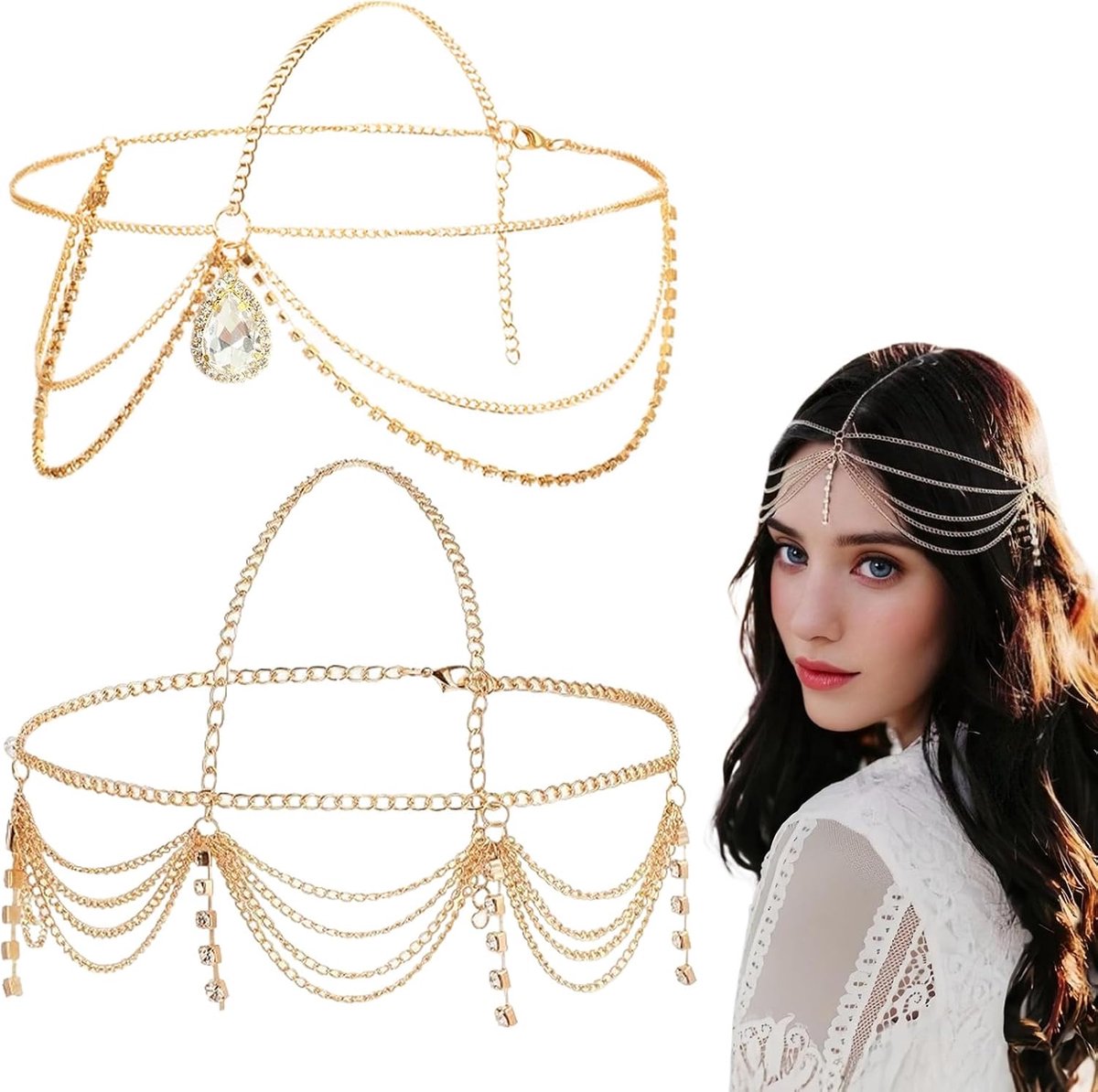Haaraccessoires dames goudkleurige hoofdkettingen set van 2 stijlen verstelbaar met pailletten en hangers voor feest en bruiloft