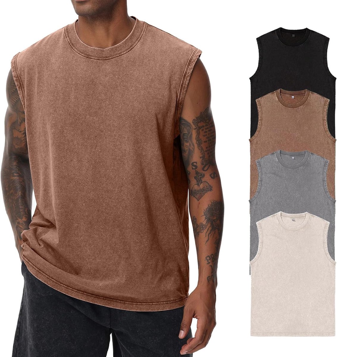 Korte mouwen zomer mouwloos shirt mannen fitness mouwloos vest, gewassen mouwloos T-shirt, workout gym katoen