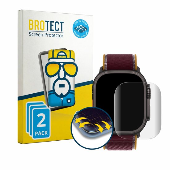 BROTECT screenprotector verpakking met 2 stuks en een Apple Watch Ultra met rood-bruin bandje.